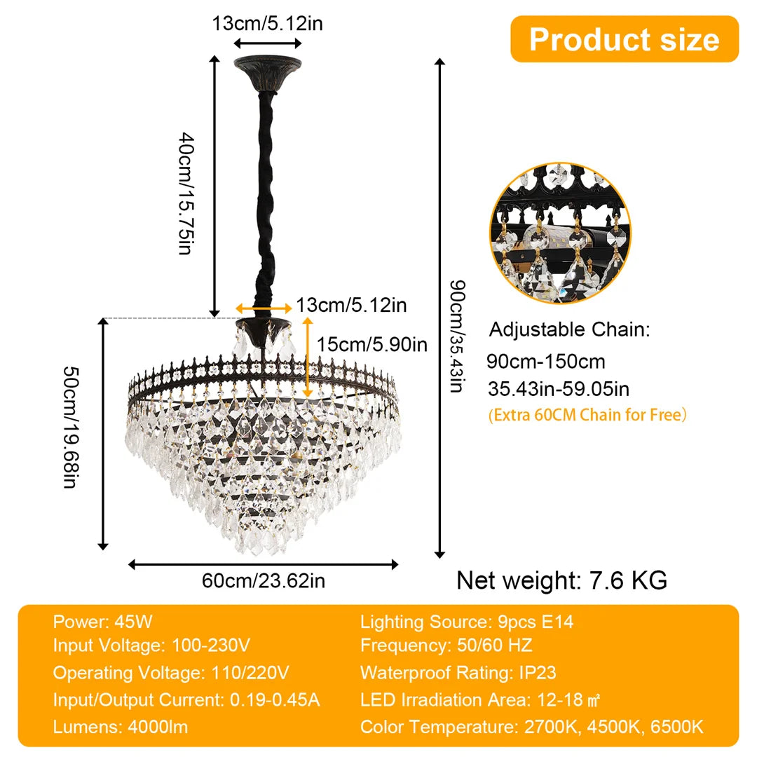 Crystal Chandelier Pendant Light 60x90cm Round Black Ceiling Lamp Vintage Hanging Lighting Fixture