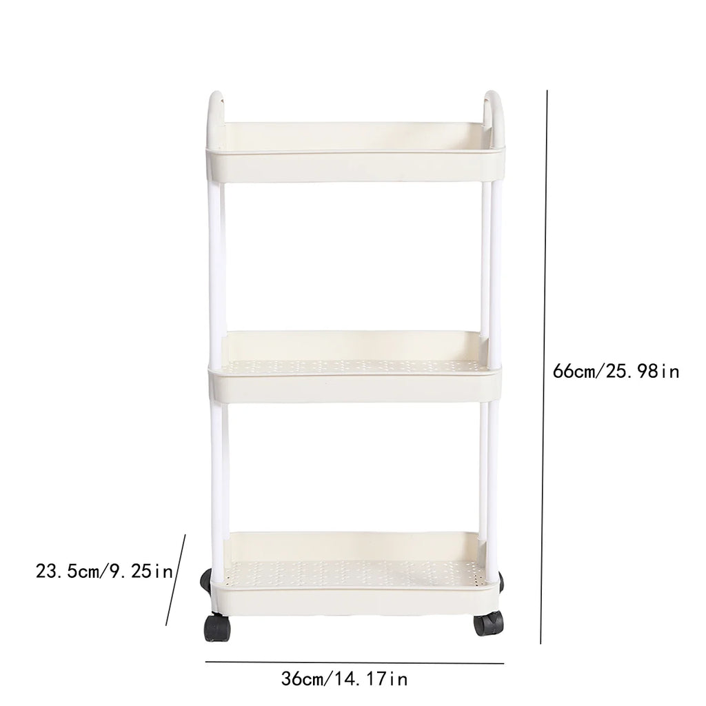 3 Tier Rolling Storage Cart Multi Layer Organizer Rack with Wheels Kitchen Bathroom Bedroom Storage Shelf White 36 × 23.5 × 66cm