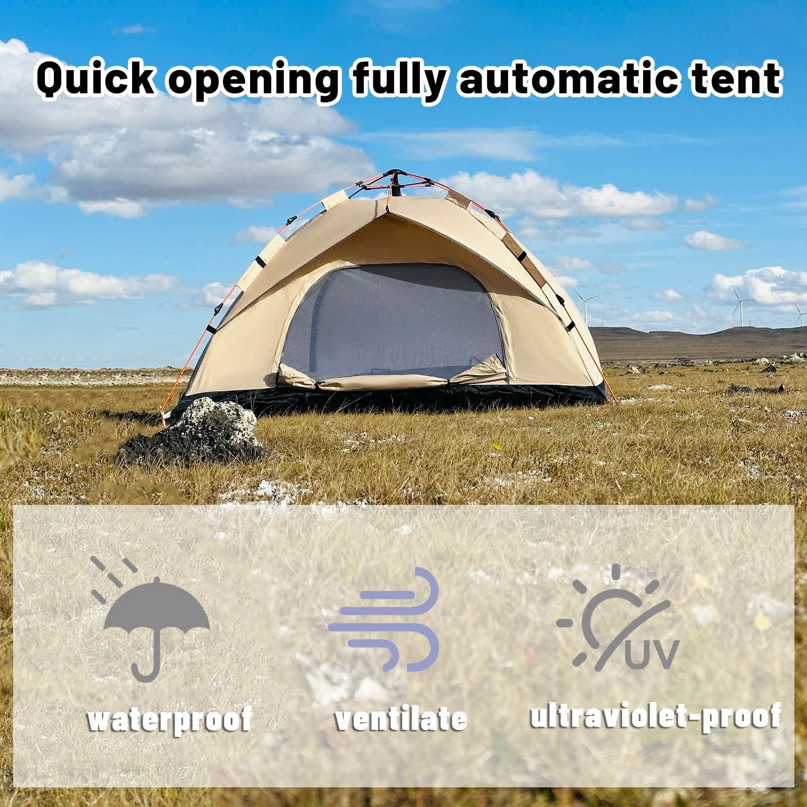 Pop Up Camping Tent 2-3 Person Instant Setup Portable Outdoor Tent with Mesh Window Lightweight Travel Shelter Khaki 210x150x125cm