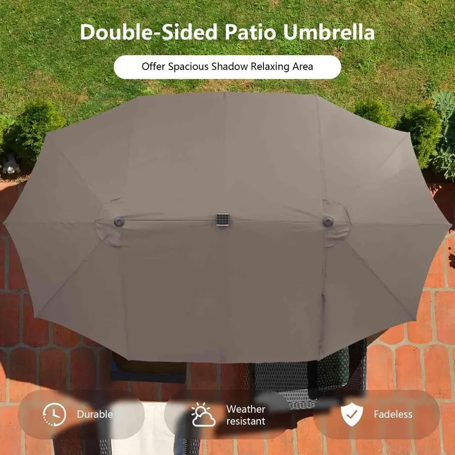 Patio Umbrella Double-Sided 48 LED Solar Lights Twin Canopy Crank Lift Sandbag Base 470x280cm Dark Beige