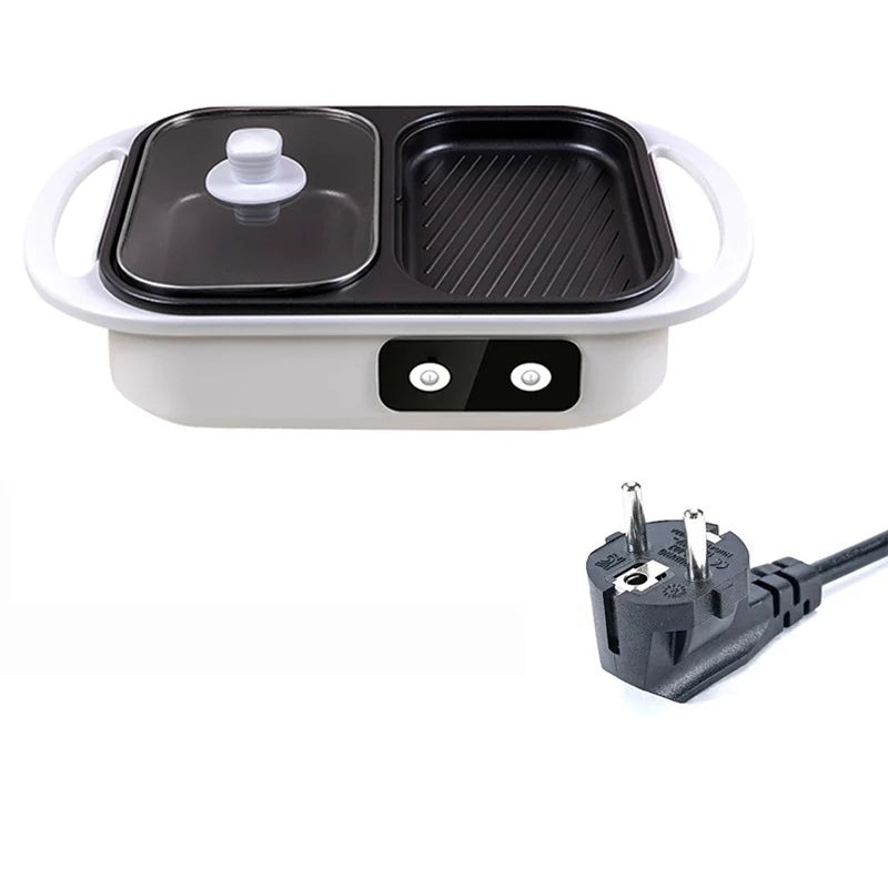 Electric Shabu Pot and Grill 2-in-1 Non-Stick Multi Cooker for BBQ, Steak, Ramen and Noodles White
