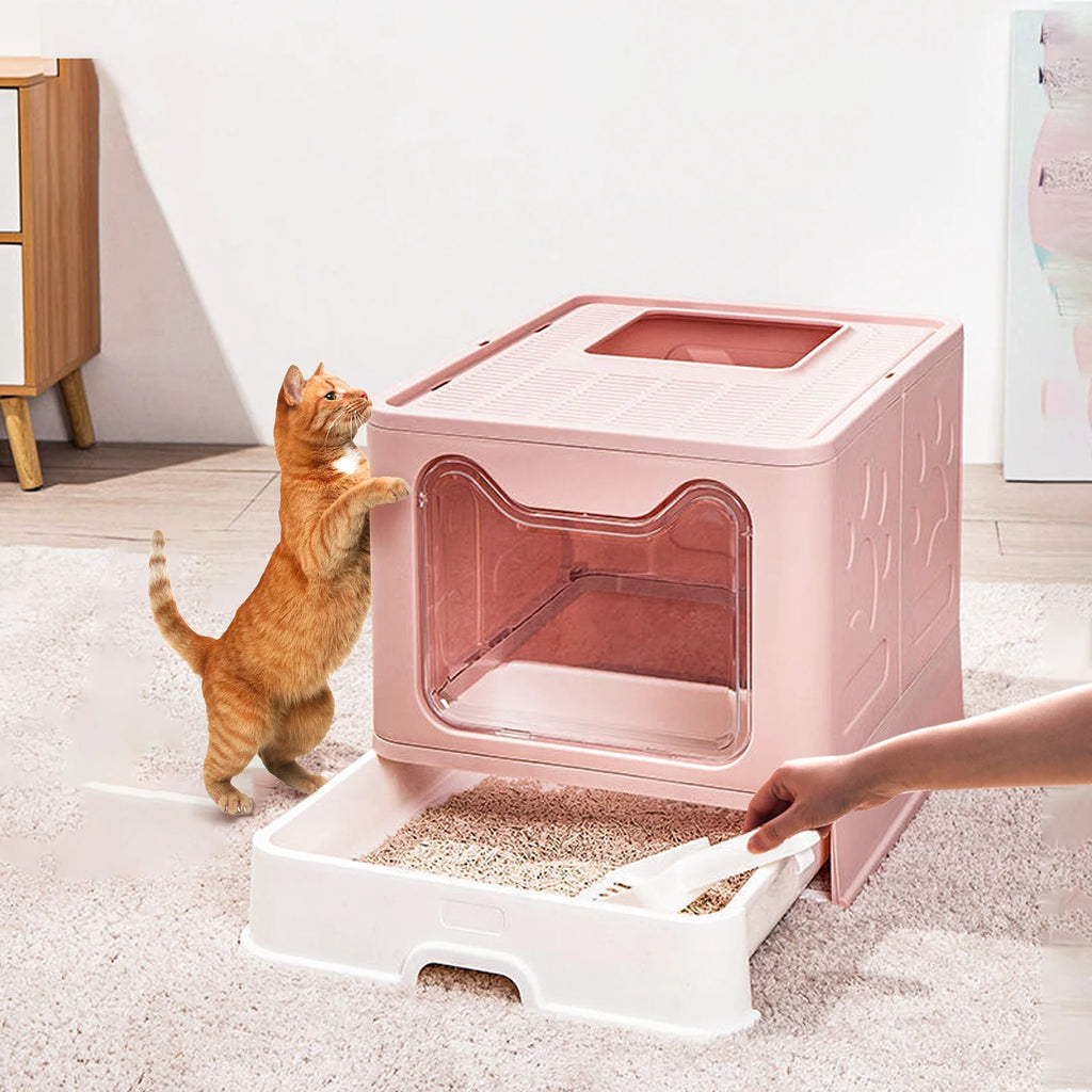 Cat Litter Box Enclosure 41x50.8x38.6cm with Scoop Drawer Portable Covered Cat House Pink