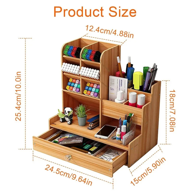 Wooden Desk Organizer DIY Desktop Storage Box Pen Holder Large Capacity Stationery Organizer with Drawer Home Office School Cherry Wood