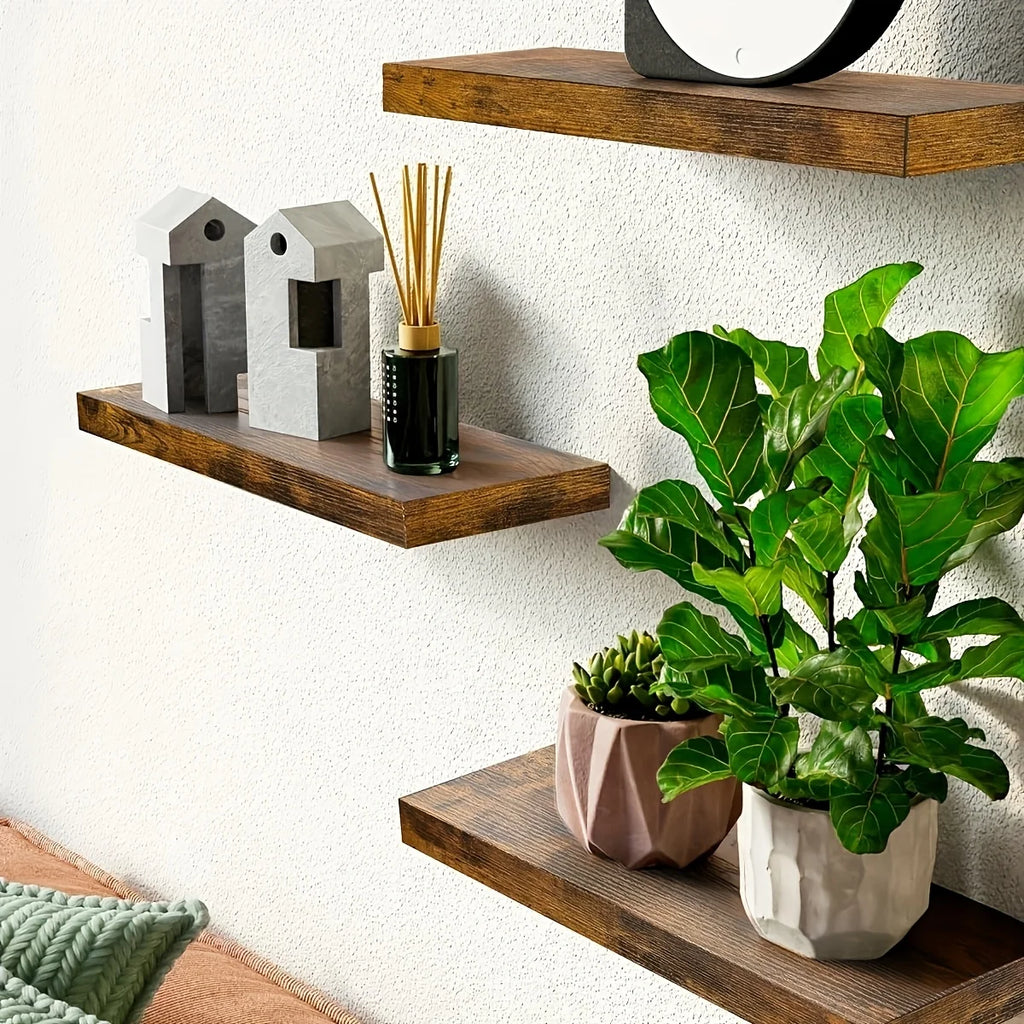 Classic Solid Wood Wall Mounted Floating Shelf Horizontal Strip Design Storage Display Rack for Living Room Bedroom Brown 40×15cm