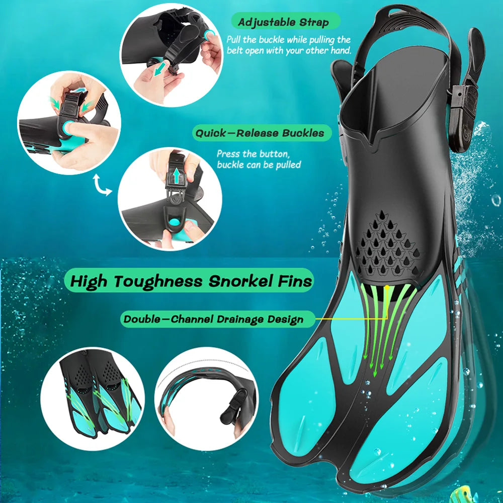Adjustable Snorkel Fins Short Silicone Swimming Flippers Open Heel Scuba Diving Shoes Adult Men Women Green