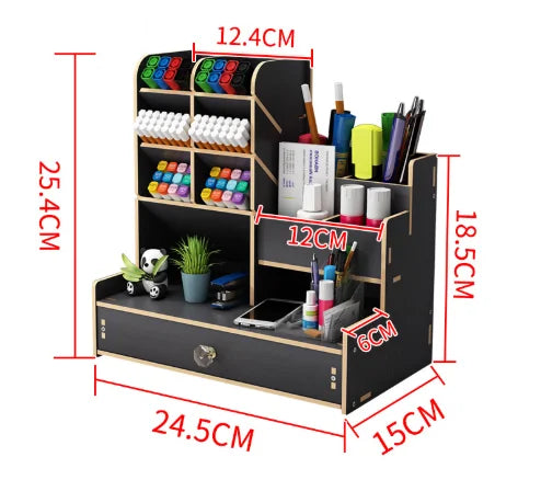 Wooden Desk Organizer DIY Desktop Storage Box Pen Holder Large Capacity Stationery Organizer with Drawer Home Office School Black