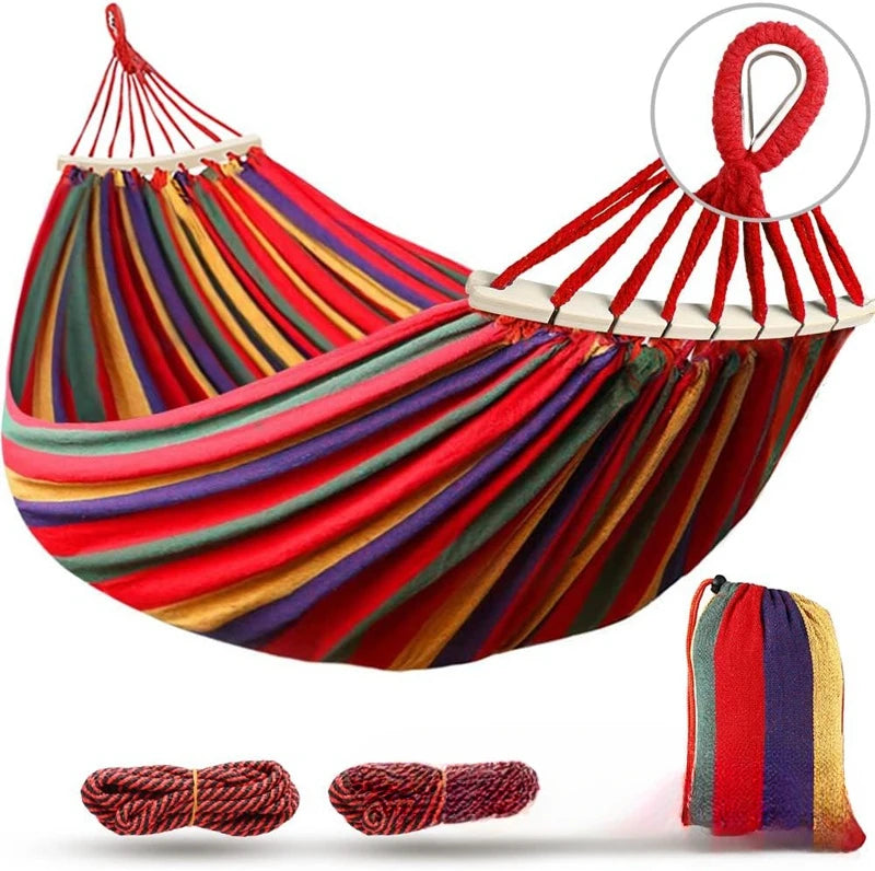 Canvas Double Camping Hammock with Curved Wooden Poles Red 220 x 150 cm
