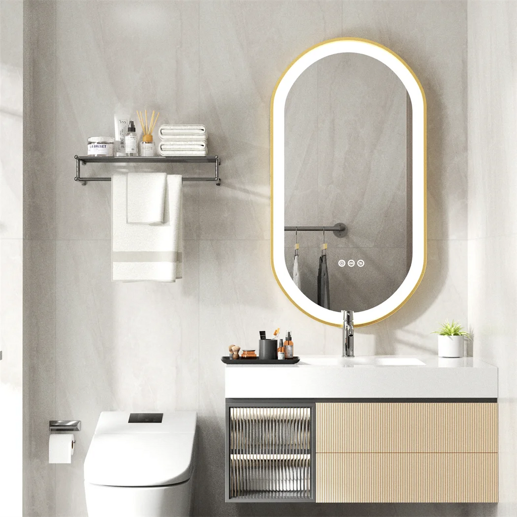 LED Bathroom Mirror Round Touch Screen Waterproof Anti Fog Vanity Mirror Wall Mounted for Wash Basin Shower Grooming 100x50cm