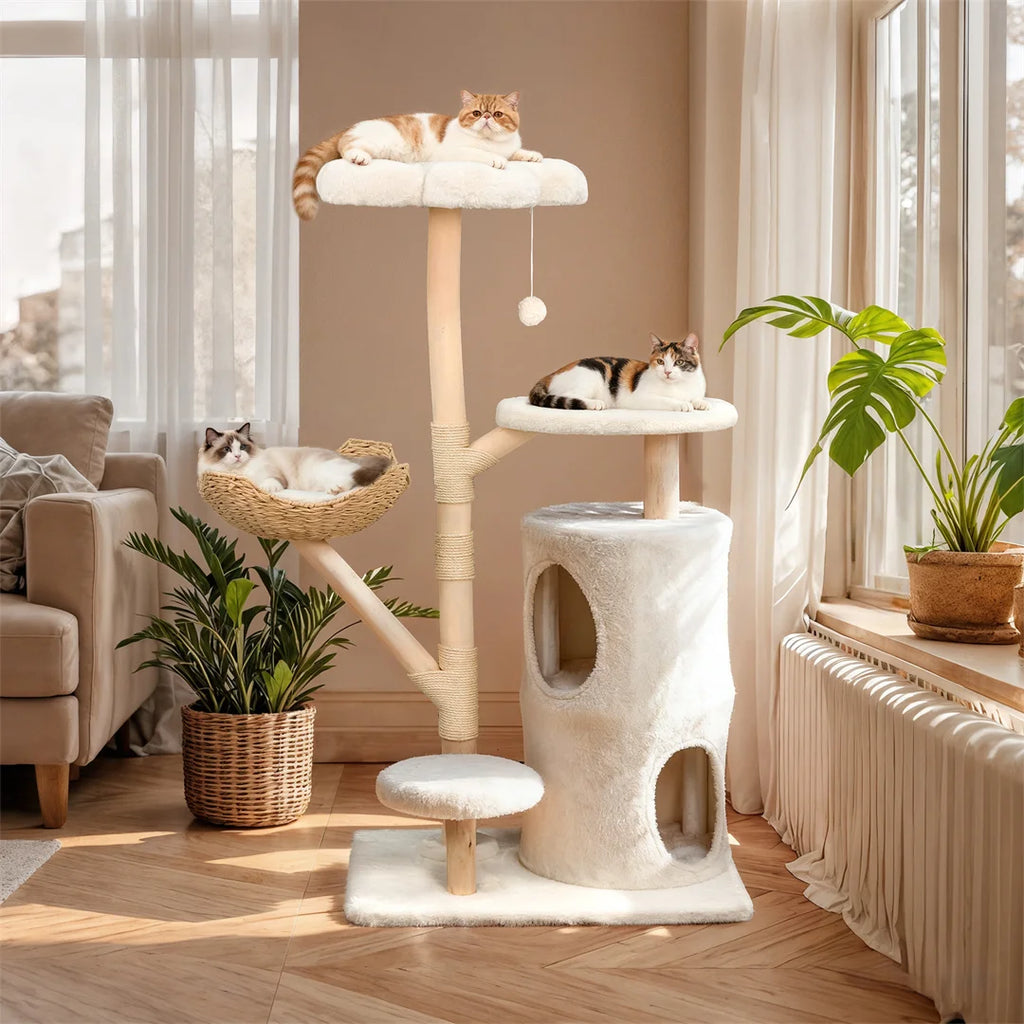 Indoor Cat Tower Tree 56 Tall Multi Level Vertical Cat Tree Activity Tower for Multi cat Households Cat White 76.5x142cm