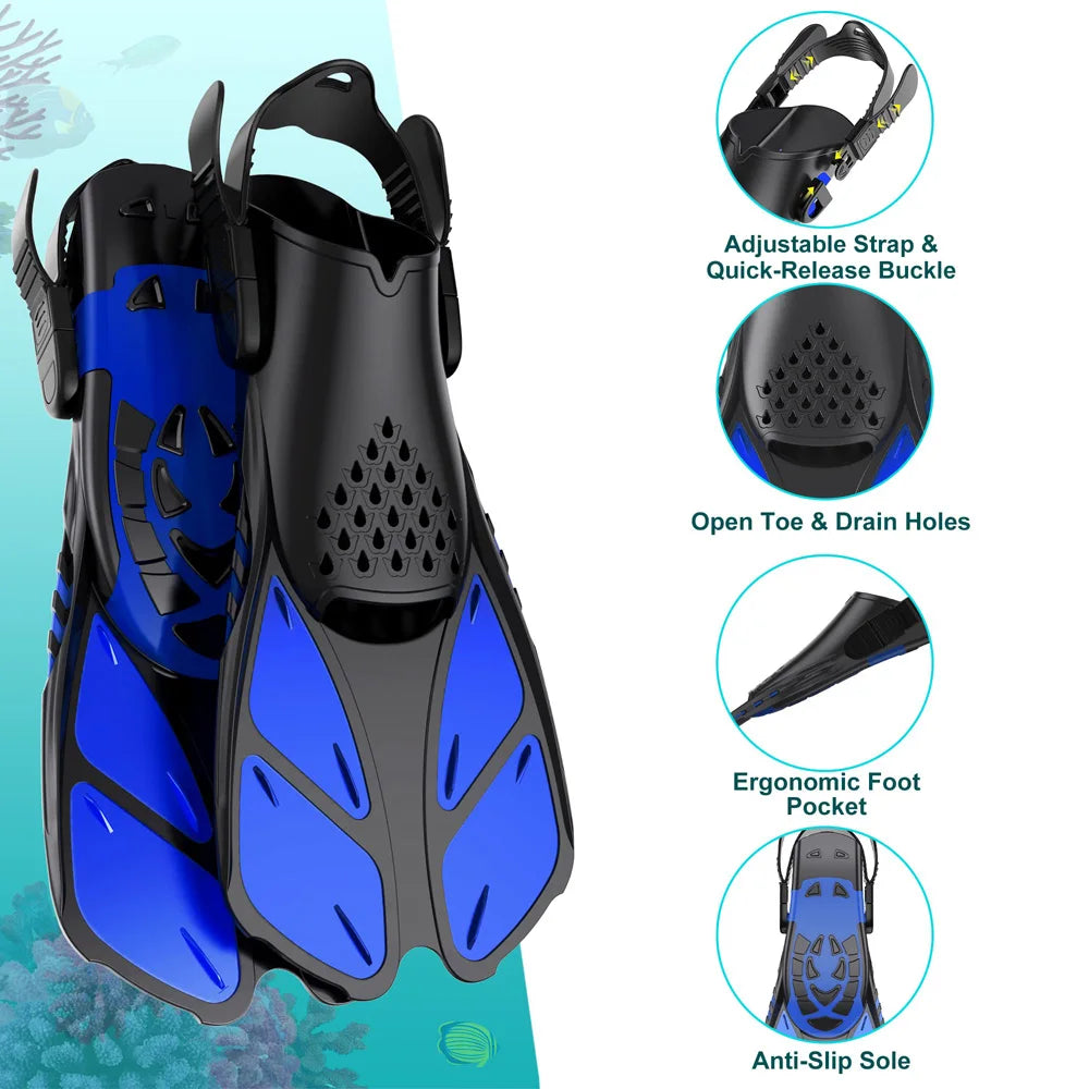 Adjustable Snorkel Fins Short Silicone Swimming Flippers Open Heel Scuba Diving Shoes Adult Men Women Blue
