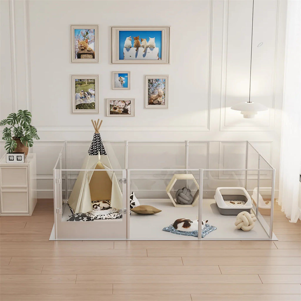 Acrylic Dog Playpen Clear Waterproof Pet Exercise Fence with Whelping Pad 180x120x61cm