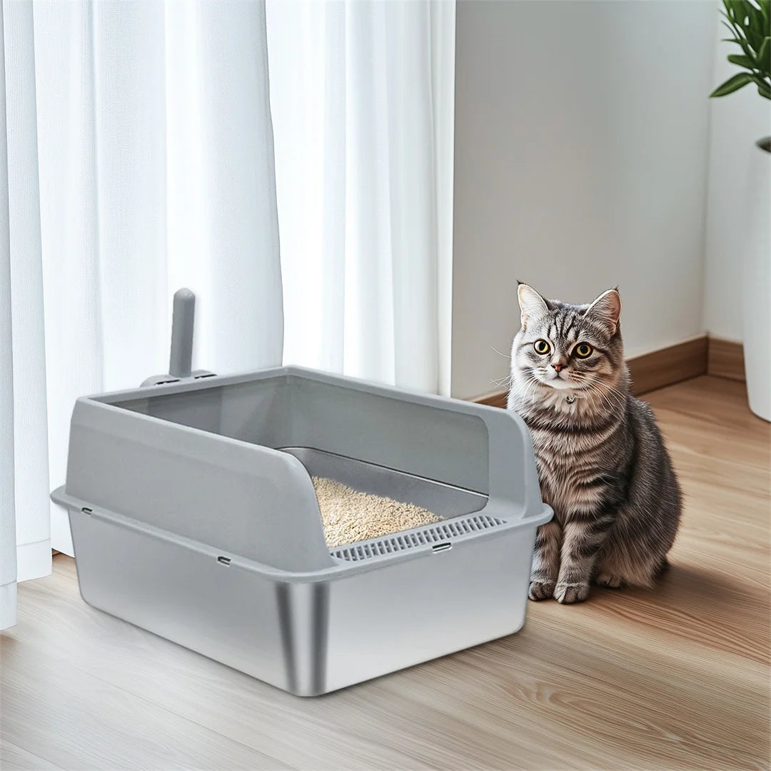Stainless Steel Cat Litter Box Large Semi closed Metal Cat Litter Pan Tray with Spoon for Cats 59x33x29cm