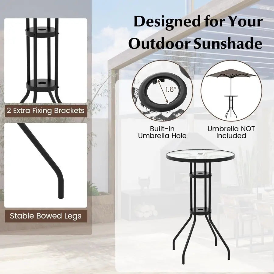 Bistro Set 3-Piece Outdoor Patio Table with 2 Folding Chairs Round Glass Table with Umbrella Hole Beige