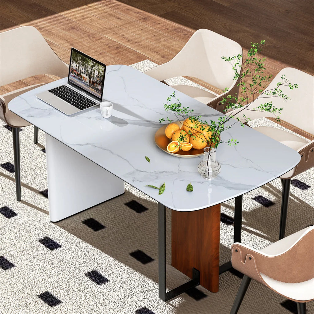 Rectangle Dining Table 160cm 4-6 Seater White Marble Glass Top Walnut Frame Kitchen Dining Table