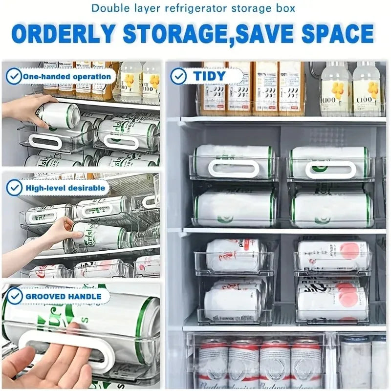2 Tier Soda Can Dispenser Refrigerator Organizer Stackable Drink Storage Bin Clear Plastic Fridge Organizer Rack 35.5×19.2×15cm