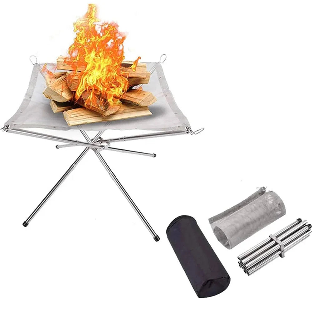 Portable Fire Pit Grill Foldable Stainless Steel Camping BBQ Rack Mesh Bonfire Stand 42x42x34cm