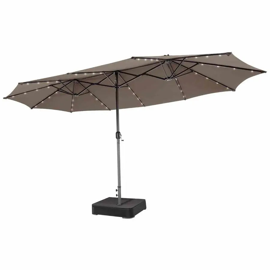 Patio Umbrella Double-Sided 48 LED Solar Lights Twin Canopy Crank Lift Sandbag Base 470x280cm Dark Beige