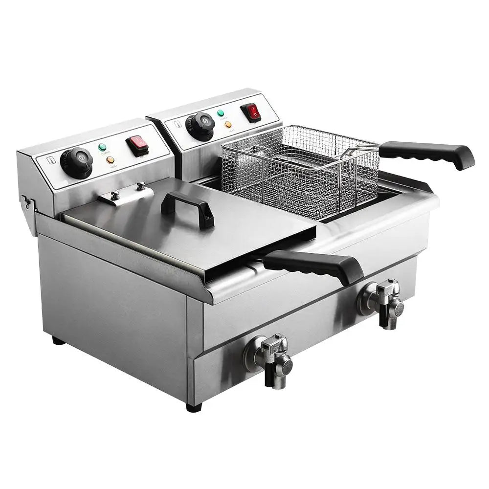 20L Commercial Electric Deep Fryer 6000W Double Basket Stainless Steel Oil Tap Frying Machine Kitchen AU Plug 57×62×34cm
