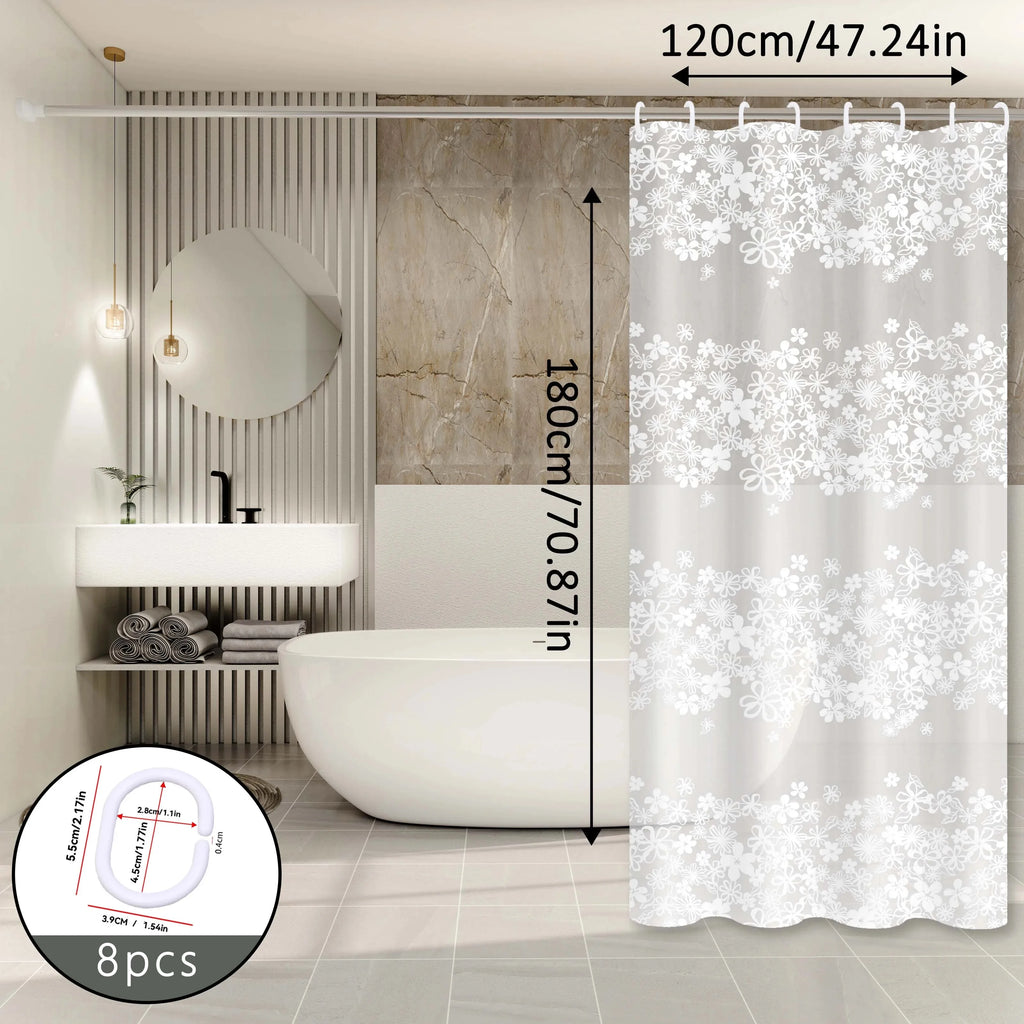 White Flower Shower Curtain Waterproof Bathroom Bath Curtain with Plastic Hooks Bathtub Decor Accessory 120 × 180cm