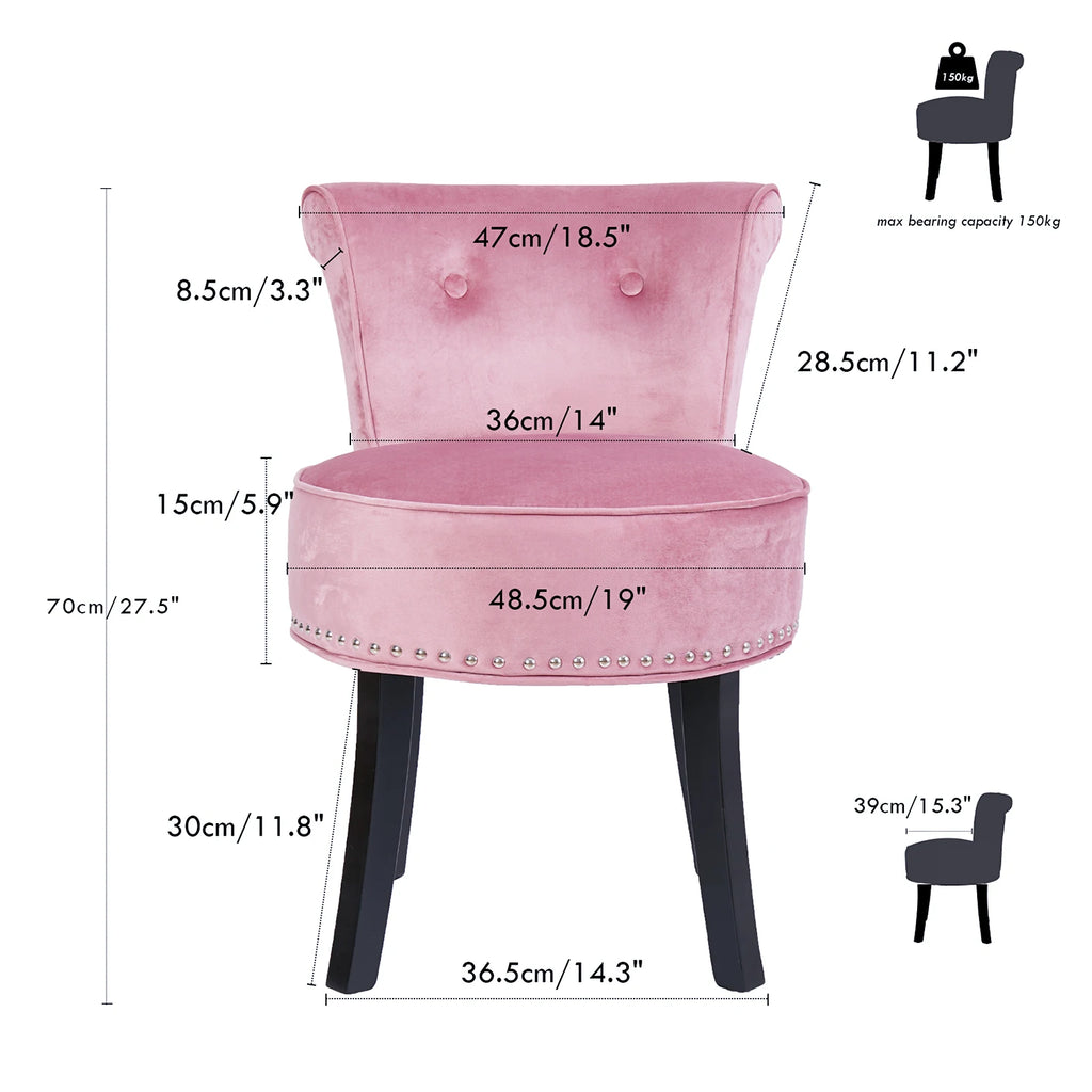 Velvet Vanity Stool Chair 70x48.5cm Padded Accent Chair with Wood Legs Pink Makeup Dressing Stool