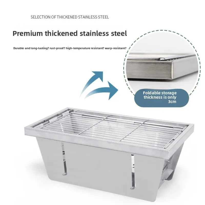 Outdoor BBQ Grill Portable Charcoal BBQ Travel Charcoal Grill Stainless Steel Firewood Barbecue for Camping Silver 36x22x15cm