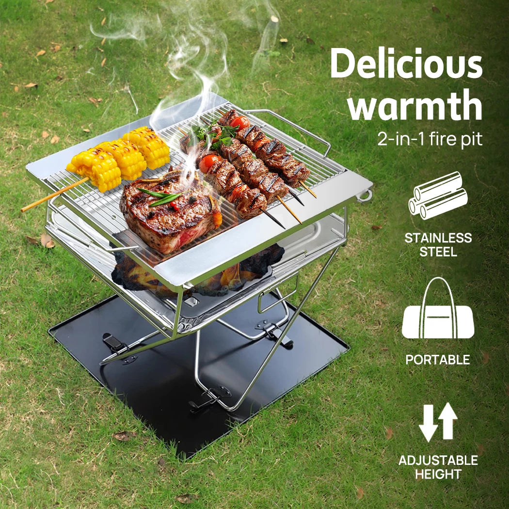 Fire Pit BBQ Grill Portable 2-in-1 Stainless Steel Charcoal Smoker Stove for Camping Outdoor Cooking 42x35x34cm