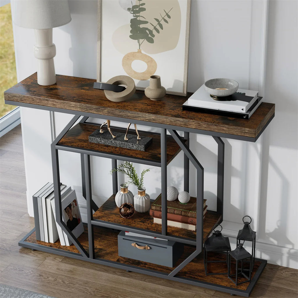Console Table with Storage Shelf Entryway Sofa Table Narrow Hall Table Modern Living Room Furniture Design Rustic Brown 120x30x81.5cm