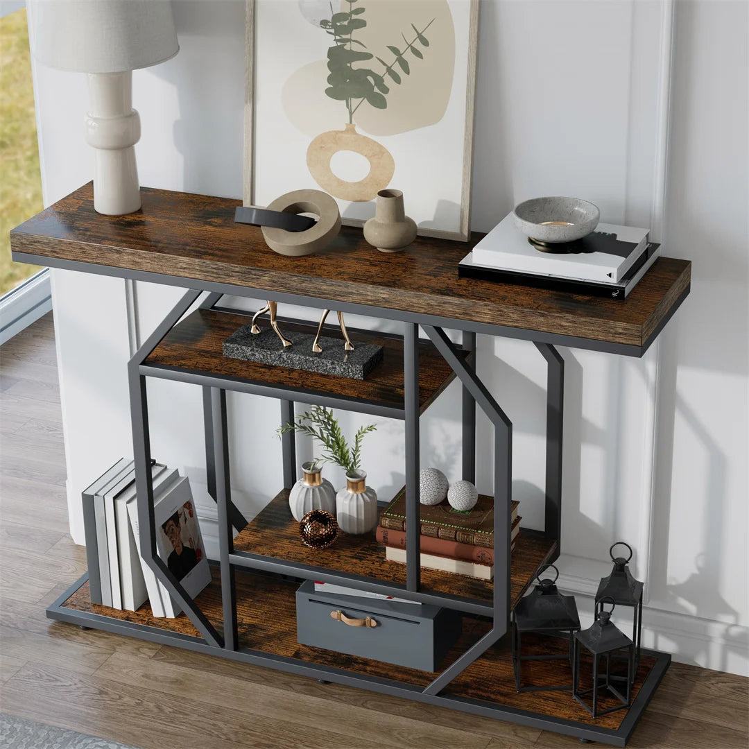 Console Table with Storage Shelf Entryway Sofa Table Narrow Hall Table Modern Living Room Furniture Design Rustic Brown 120x30x81.5cm
