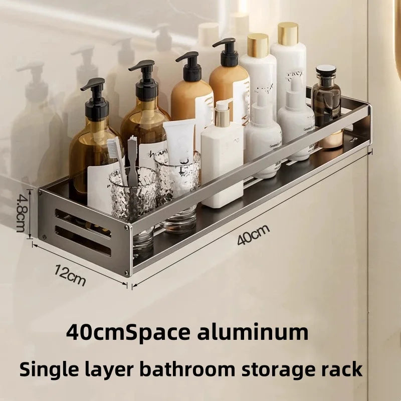 40CM No Drill Shower Corner Shelf Aluminium Bathroom Storage Rack with Towel Bar Shampoo Holder Toilet Organiser