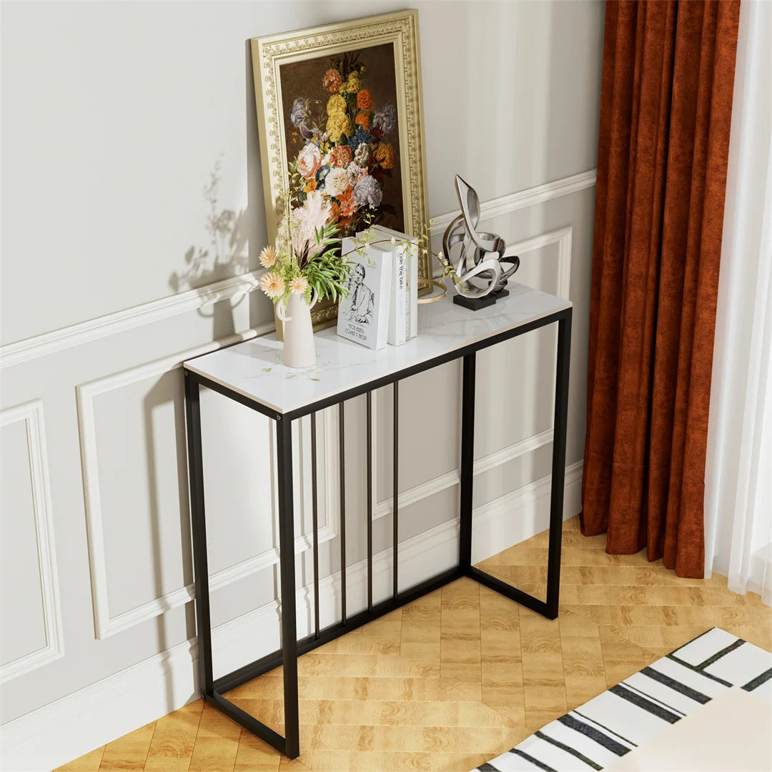 Black Metal Console Table with Storage Shelf Narrow Entryway Sofa Table for Hallway Living Room Use White 80x30x78.5cm