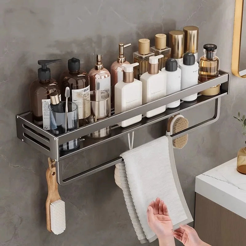 40CM No Drill Shower Corner Shelf Aluminium Bathroom Storage Rack with Towel Bar Shampoo Holder Toilet Organiser