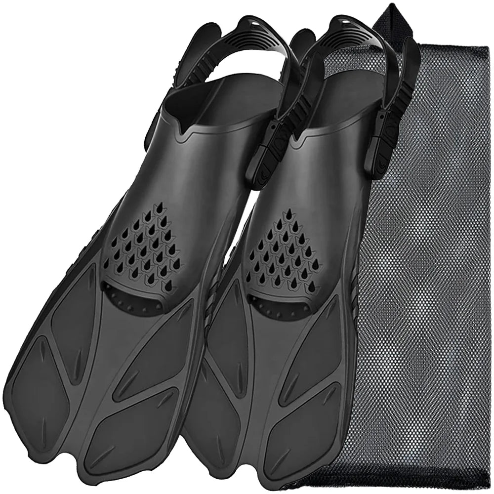 Adjustable Snorkel Fins Short Silicone Swimming Flippers Open Heel Scuba Diving Shoes Adult Men Women All Black
