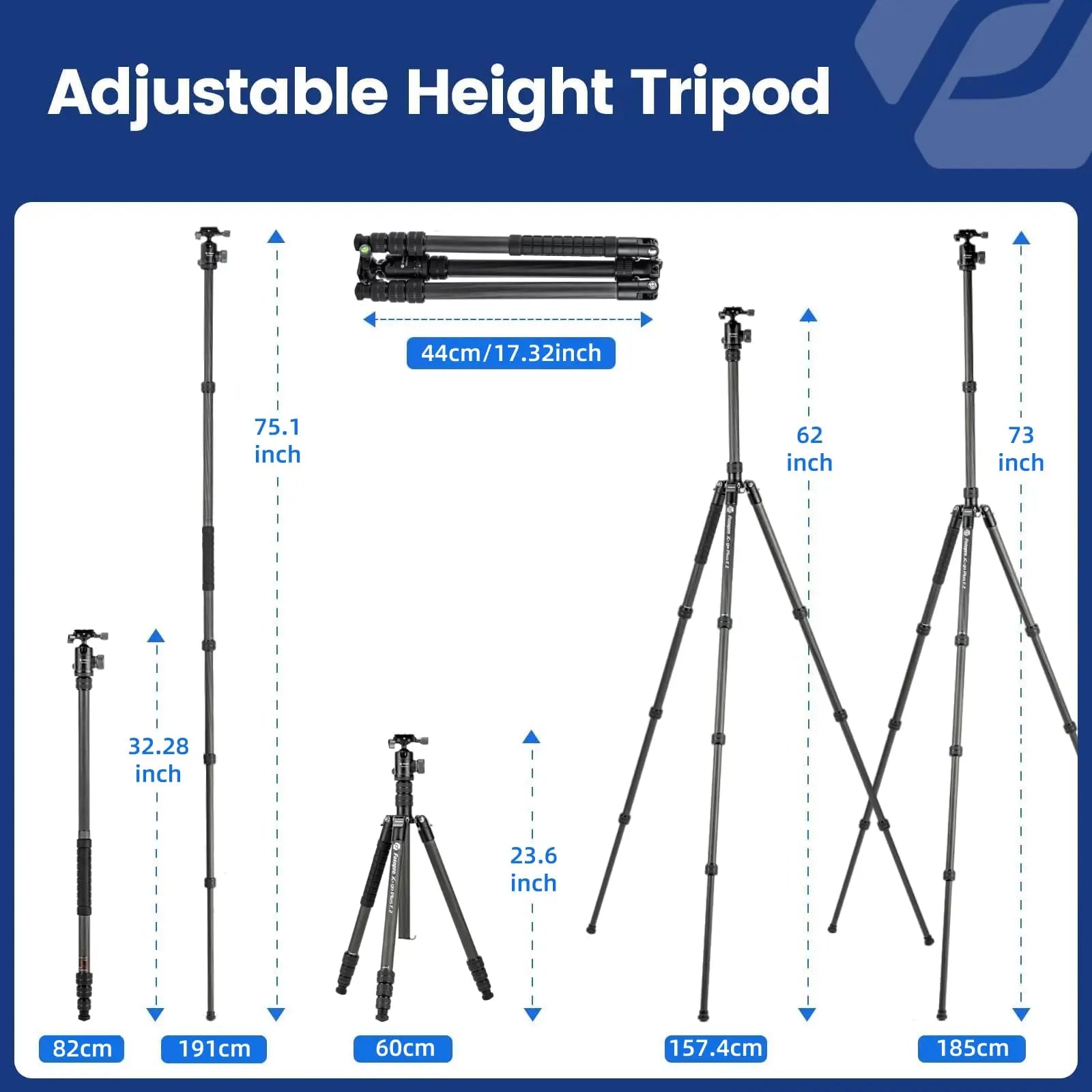 Carbon Fiber Travel Tripod 185cm Professional Camera Tripod with Ball Head and Detachable Monopod