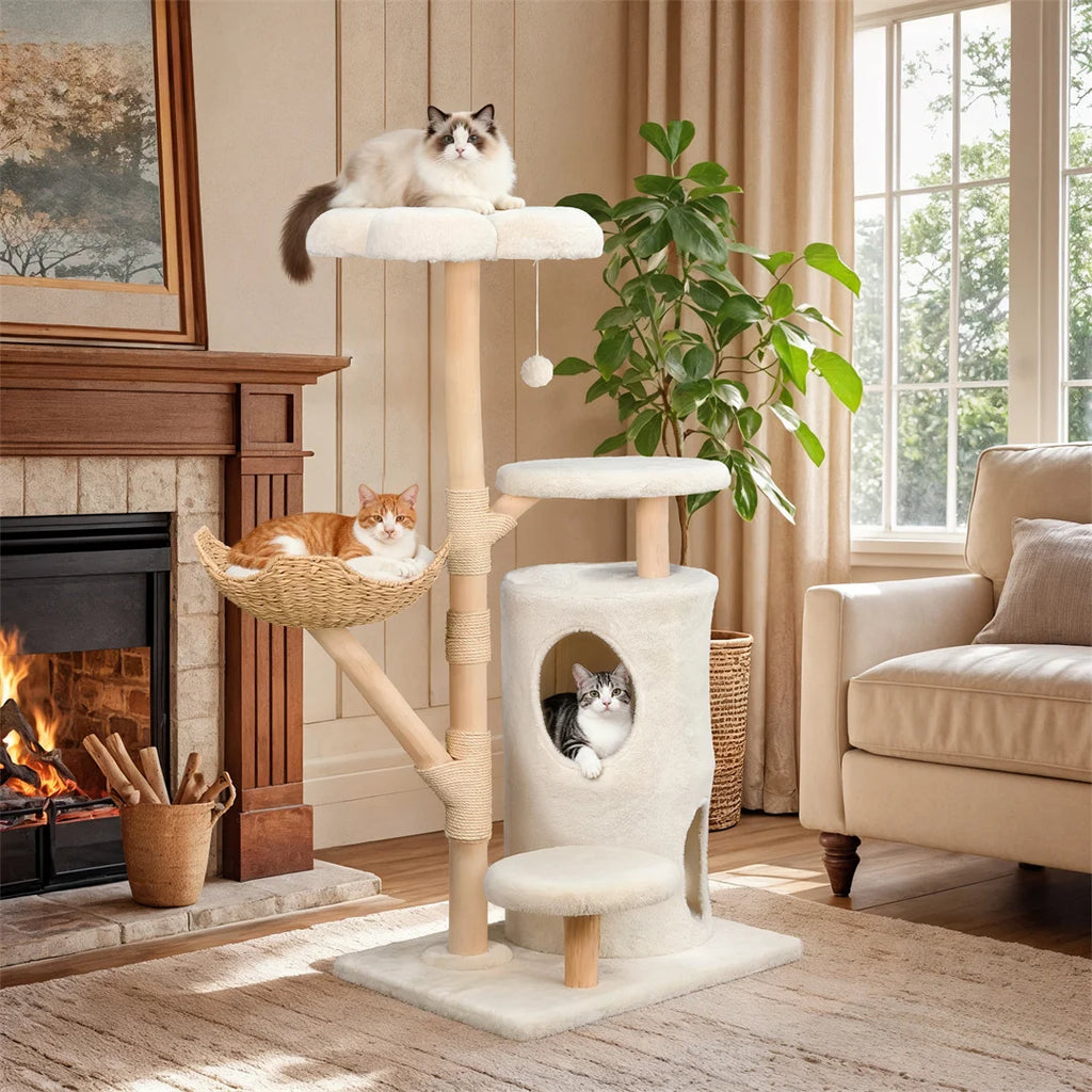 Indoor Cat Tower Tree 56 Tall Multi Level Vertical Cat Tree Activity Tower for Multi cat Households Cat White 76.5x142cm