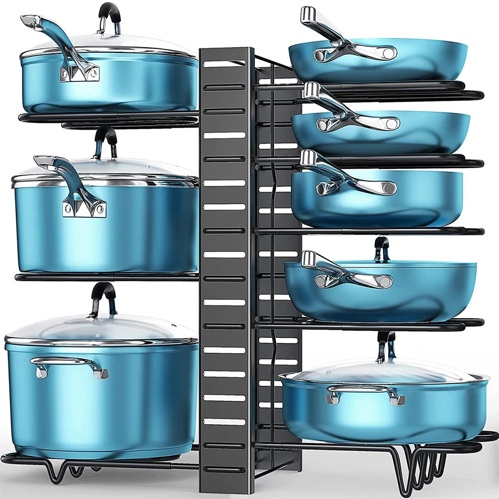 8 Tier Adjustable Pan Pot Organizer Rack DIY Cabinet Storage Stand Kitchen Pantry Holder for Pots Lids J2609 Black