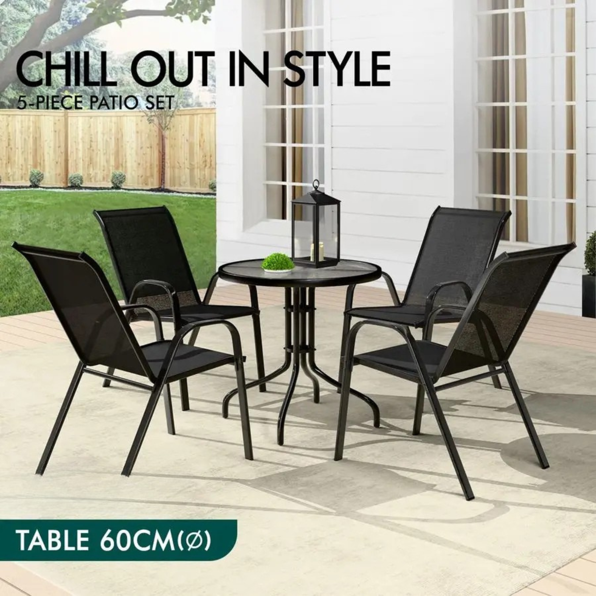 Outdoor Dining Set 5-Piece Garden Patio Furniture With Round Table and Chairs Indoor Bar Style 60x60x70cm Table 56 × 64.5 × 90 x 45.5cm chair Black