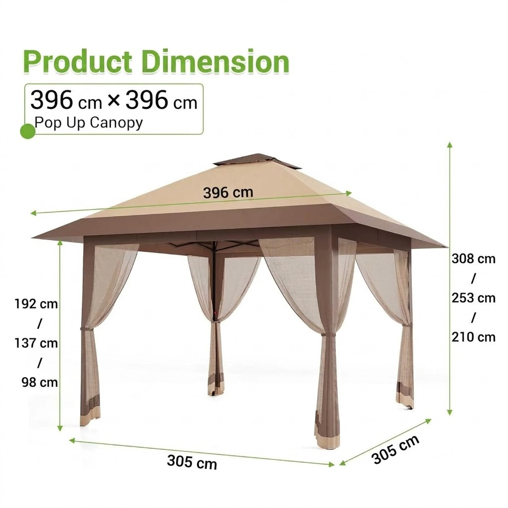 Brown Pop-Up Gazebo Pop-up beach sun shelter Outdoor Canopy Tent Marquee Waterproof 3.9x3.9M