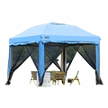 10x10 Feet Outdoor Pop-Up Canopy Gazebo Tent with Blue 4 Double Layer Sidewalls and Adjustable Height
